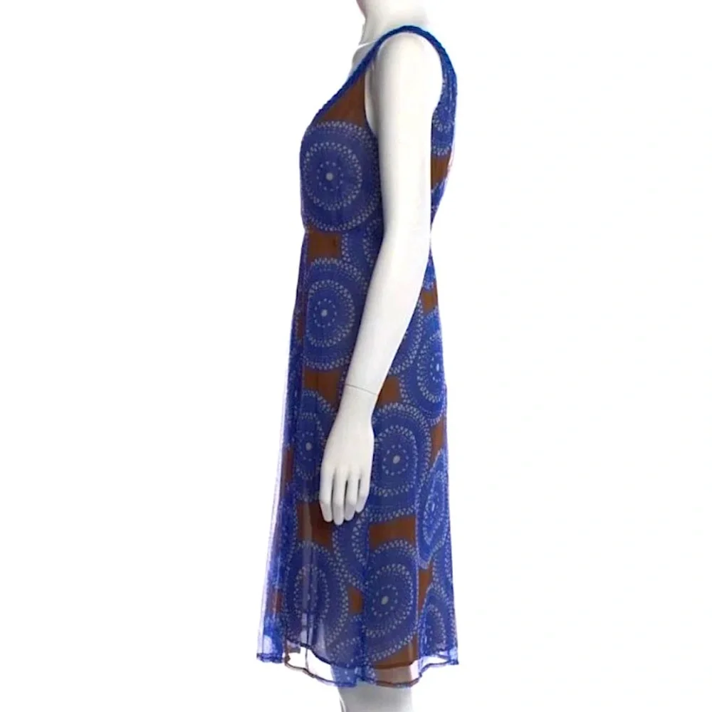 Tory Burch Silk Blue Brown Florisa Sleeveless Dress Geometric Circle Print Sz 12
